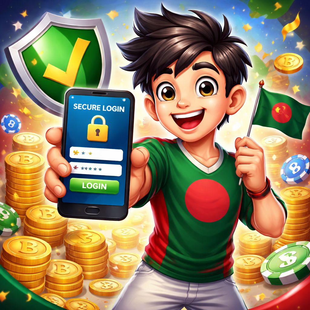 CK44.COM থিমযুক্ত কার্টুন চরিত্র একটি মোবাইল লগইন স্ক্রিন ব্যবহার করছে কয়েন এবং নিরাপদ প্রতীক সহ